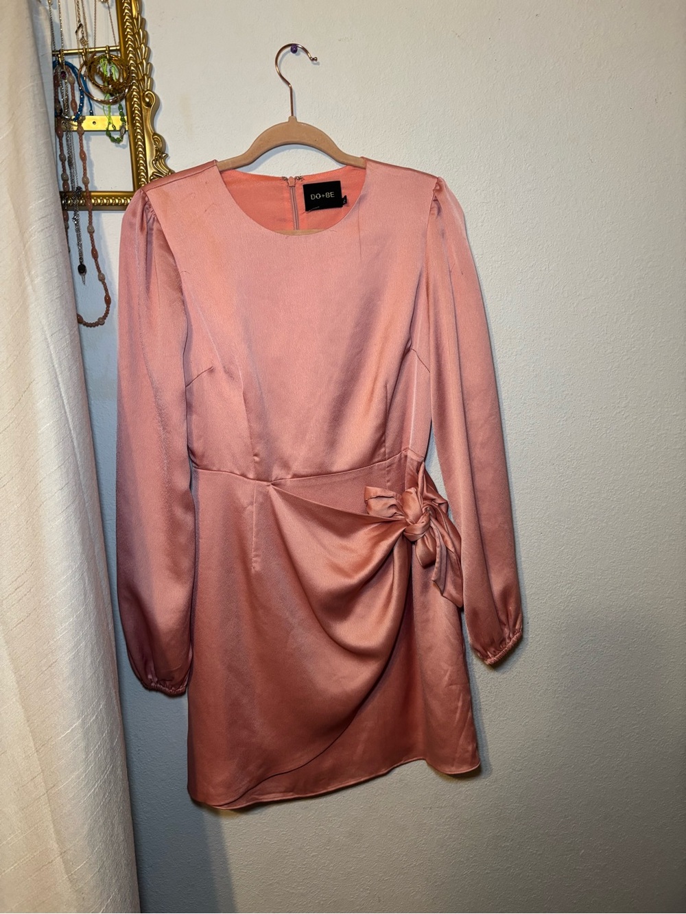 DO+BE Rose Pink Satin Long-Sleeve Tie-Side Mini Dress